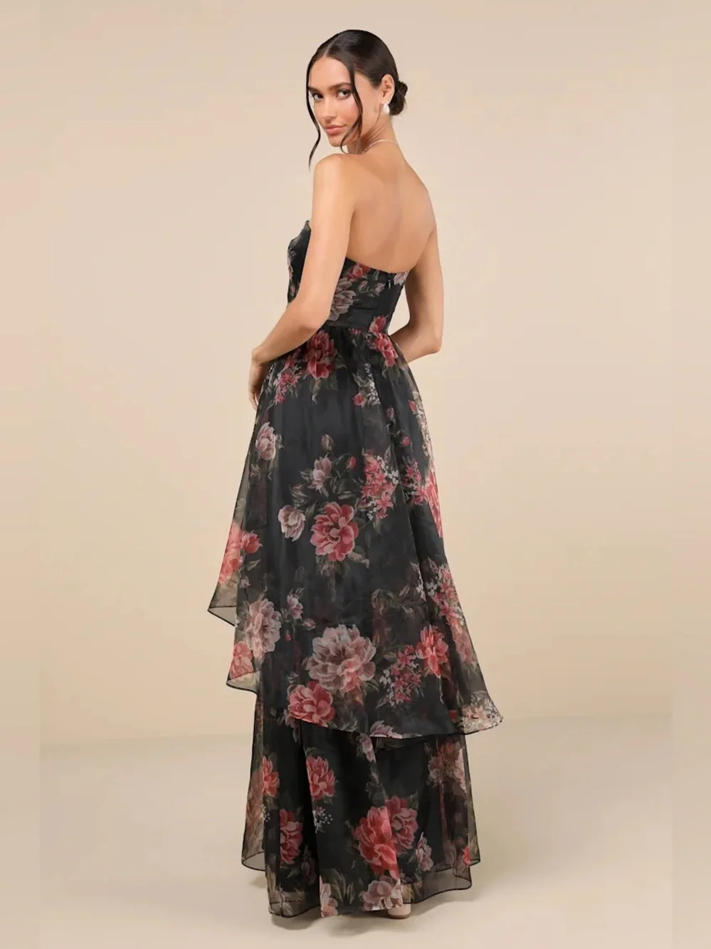 Lulus Truly Extraordinary Black Floral Organza Strapless Maxi Dress Size XS NWT - Picture 2 of 11